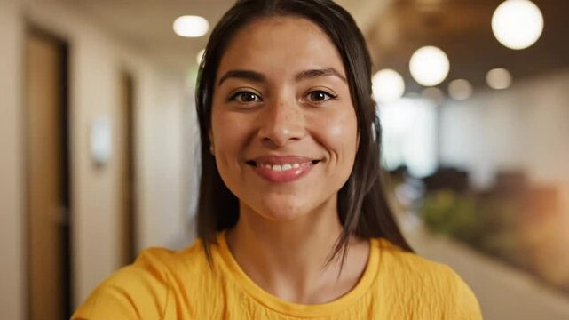 Cheerful Young Woman Making Funny Faces and Kissing for the Camera in Bright Office Setting