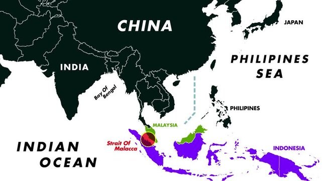 4K Map Animation Showing China Trade Route Via Strait Of Malacca To Bay Of Bengal With Moving Dotted Line 