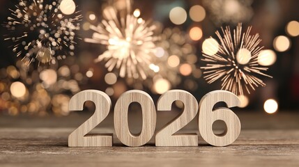 Wooden numbers shaped 2026 rest on blurred background with sparkling fireworks bursting around, leaving ample blank space perfect for adding custom text and design