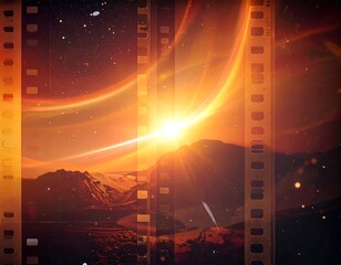 A golden sun rises over mountains, river. Film strip overlays space and planets. Abstract