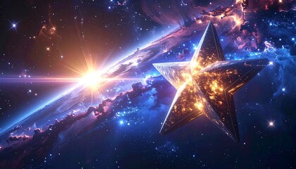 A golden star shines amidst cosmic dust clouds and a bright celestial body in a vibrant, colorful space scene