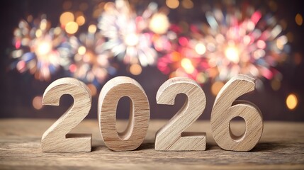 Wooden numbers shaped 2026 rest on blurred background with sparkling fireworks bursting around, leaving ample blank space perfect for adding custom text and design