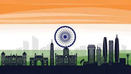 Indian cityscape with iconic ashoka chakra symbol and modern skyscrapers against vibrant orange and green background representing national pride and urban development
