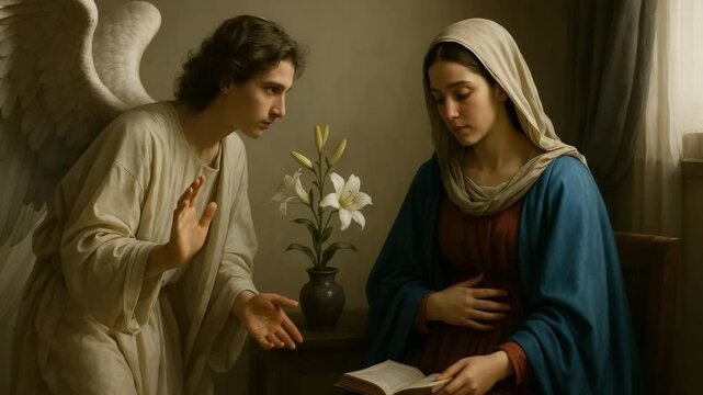 The Annunciation with the Archangel Gabriel visiting the Virgin Mary. A classical religious painting depicting a biblical story from the gospel. Christianity and faith concept
