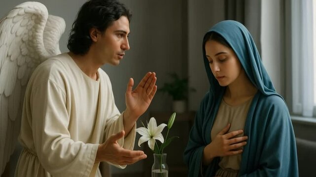 The biblical scene of the Annunciation with the Archangel Gabriel and the Virgin Mary. An angel announces the birth of Jesus. A classic depiction of a Christian religious story and faith concept