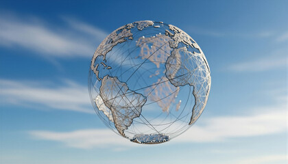 Global Earth network connection with digital technology world communication and internet abstract wireframe sphere floating in blue sky for future business and international connectivity.