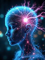 Abstract digital art depicting a human head filled with glowing neural network connections, symbolizing AI and the mind.