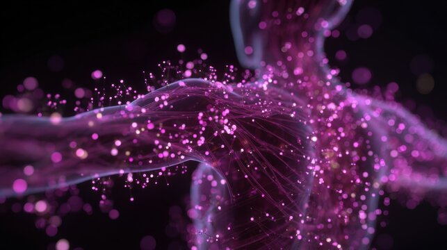 3D image of pulsating magenta nodes over a semitransparent figure illustrating the distribution of fibromyalgia tender spots in a therapeutic context.
