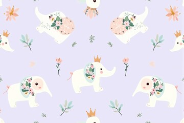 Seamless pattern of cute baby elephants with flowers and crowns on a lavender background.
