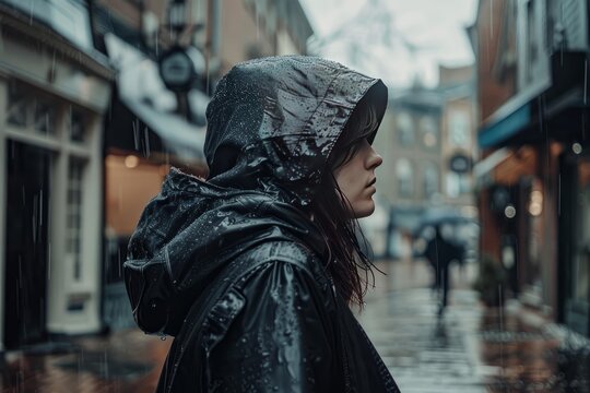 Stylish person walking in urban street under heavy rain wearing a hooded waterproof jacket