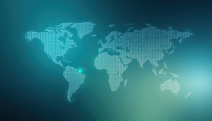 A digital illustration of a world map made up of small dots on a blue background