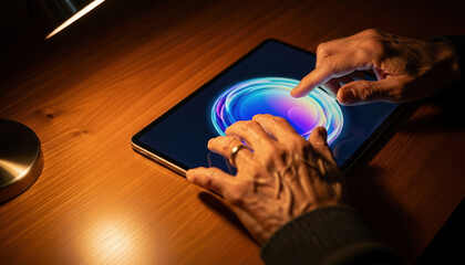 AI technology tablet hands using digital interface touch for future human smart interaction. Senior person using a touch screen device on a wooden desk with warm lamp light.