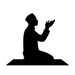 Minimalist vector silhouette of a Muslim man sitting in prayer position on transparent background. Islamic icon for namaz, Ramadan, and mosque navigation sign
