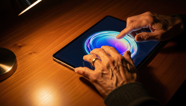 AI technology tablet hands using digital interface touch for future human smart interaction. Senior person using a touch screen device on a wooden desk with warm lamp light. - Powered by Adobe