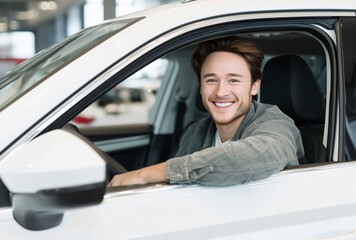Happy young man sitting in the driver seat of a new white car at a dealership showroom, expressing joy and satisfaction after a successful purchase for automotive retail and lifestyle