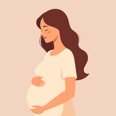 Pregnant woman holding belly, maternity and prenatal care flat vector illustration