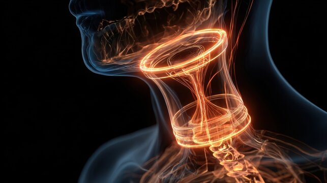 Closeup 3D rendering of tracheal constriction at subglottic level glowing hourglass highlighting typical croup airway obstruction.