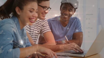 Animation of network of connections and light trails over diverse business people - Powered by Adobe