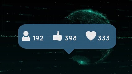 Animation of media icons and data processing on black background - Powered by Adobe