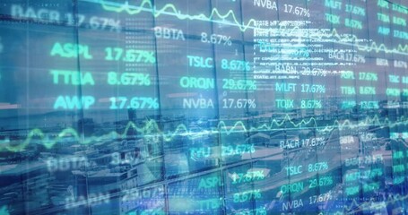 Animation of financial graphs and data over cityscape - Powered by Adobe