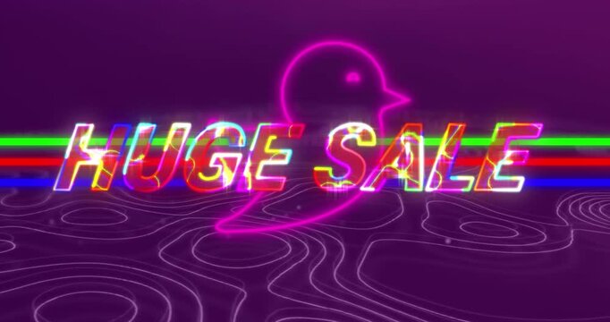 Animation of huge sale over neon bird and isohypses on purple background