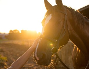 A close-up shows a brown horse being gently touched by a human hand, with the sun setting brightly in the background