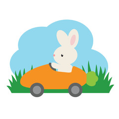 Cute Easter bunny in carrot race car vector cartoon illustration
