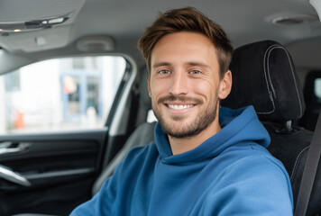 Portrait of a smiling young adult man sitting in the driver seat of a modern car, positive expression for lifestyle, transportation, and commuting concepts