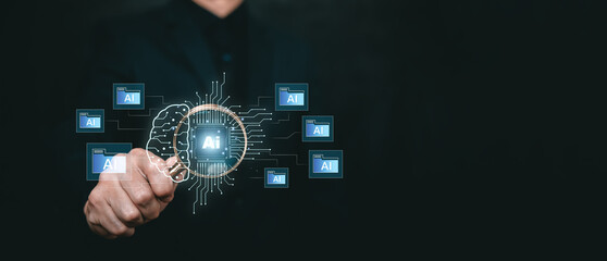 Digital artificial intelligence concept with virtual AI processor and data connections, human interaction with smart technology, business automation, data analytics, machine learning, and modern innov