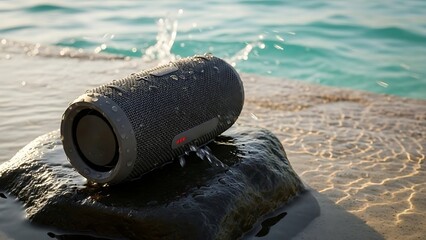 Waterproof portable speaker resting on wet rocks by the sea with splashing water