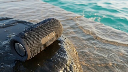 Waterproof portable speaker resting on wet rocks by the sea with splashing water