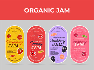 Organic jam labels. Each label is illustrated with the fruit corresponding to the jam and its description. The simple background highlights the labels beauty.