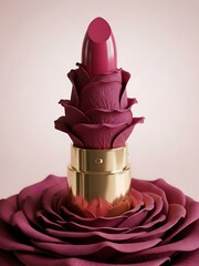 Elegant lipstick with deep red rose petals, symbolizing beauty and luxury