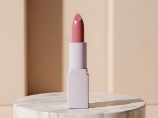 Elegant pink lipstick displayed on a textured stone pedestal with classical columns in background