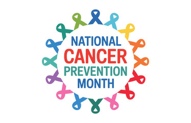 National Cancer Prevention Month Awareness Logo Featuring Circle of Multicolored Ribbons for Healthcare Marketing and Community Support Campaigns