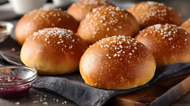 Freshly baked golden brown dinner rolls topped with sea salt flakes on a dark cloth, homemade yeast buns, bakery pastry concept
