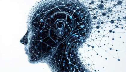 A futuristic digital illustration of a human head with a network of connections and nodes
