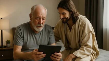 Jesus Christ showing an elderly man how to use a tablet computer. A senior man learns about modern technology with divine guidance. Faith and religion in the modern world concept - Powered by Adobe