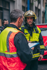 A paramedic is seen from behind, standing with firefighter, discussing rescue plan at emergency scene