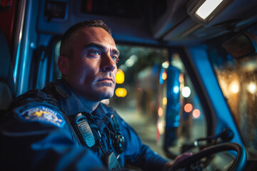 A paramedic is sitting in the driver's seat of ambulance, looking serious and ready to respond to dispatch call