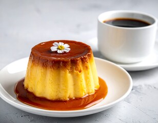 A close-up shot of a flan, drizzled with caramel sauce, adorned with a tiny flower, set next to a coffee cup