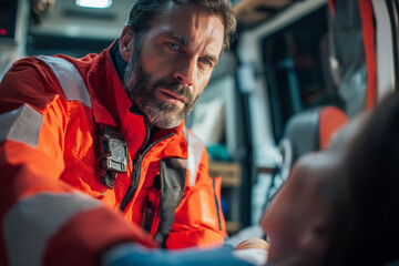 A paramedic, with focused expression, is carefully checking patient�s vitals inside ambulance during transport