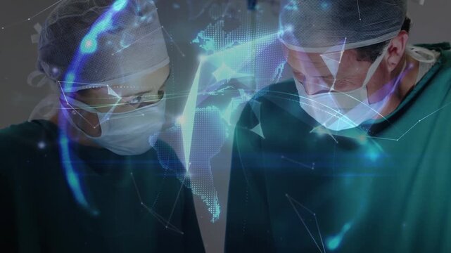 Animation of network of connections over caucasian surgeons during surgery