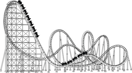 Black and white roller coaster vector illustration, amusement park ride with loops and steep drops, carnival theme park funfair silhouette isolated on white, © MstSahanaj