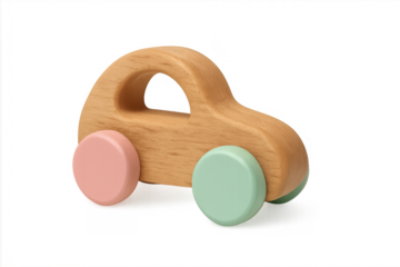 Wooden toy car with pastel wheels for children playing