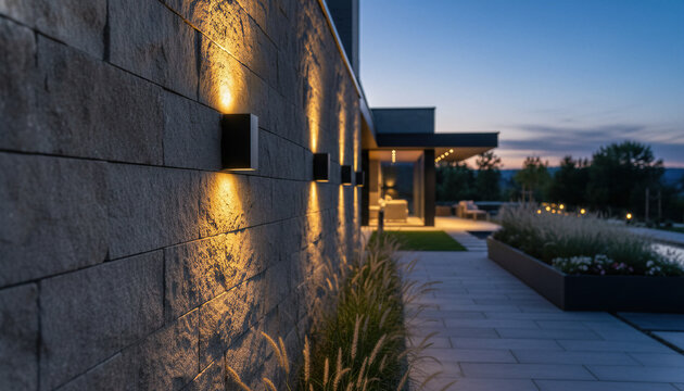 Architecture lighting exterior modern wall stone garden dusk luxury evening house design. Elegant residential building featuring outdoor illumination, warm glow, walkway path and landscaping.