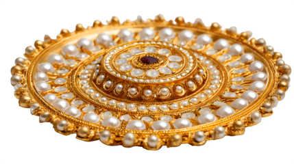 An abstract fractal spiral background featuring a round golden shape adorned with elegant pearl beads and luxury jewelry chains to create a sophisticated fashion accessory