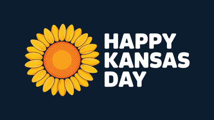 Fototapeta premium happy kansas day celebration illustration with bright sunflower icon and bold typography on dark blue background honoring state pride