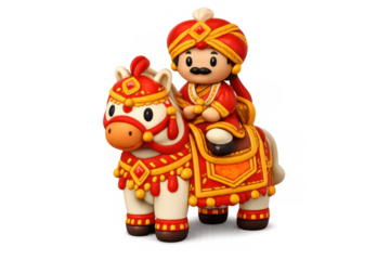 Colorful festive wedding procession with cartoon characters in traditional attire