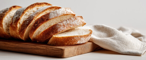 Freshly sliced sourdough bread resting on a wooden cutting board with a linen napkin, artisan bakery loaf for healthy breakfast and organic food concept in a bright kitchen